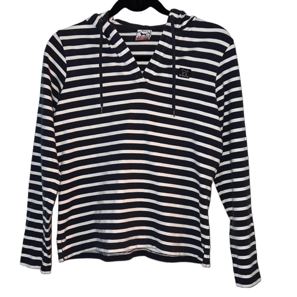 The Black Dog Brand Navy and White Striped Pullover Cotton Hoodie Size Small